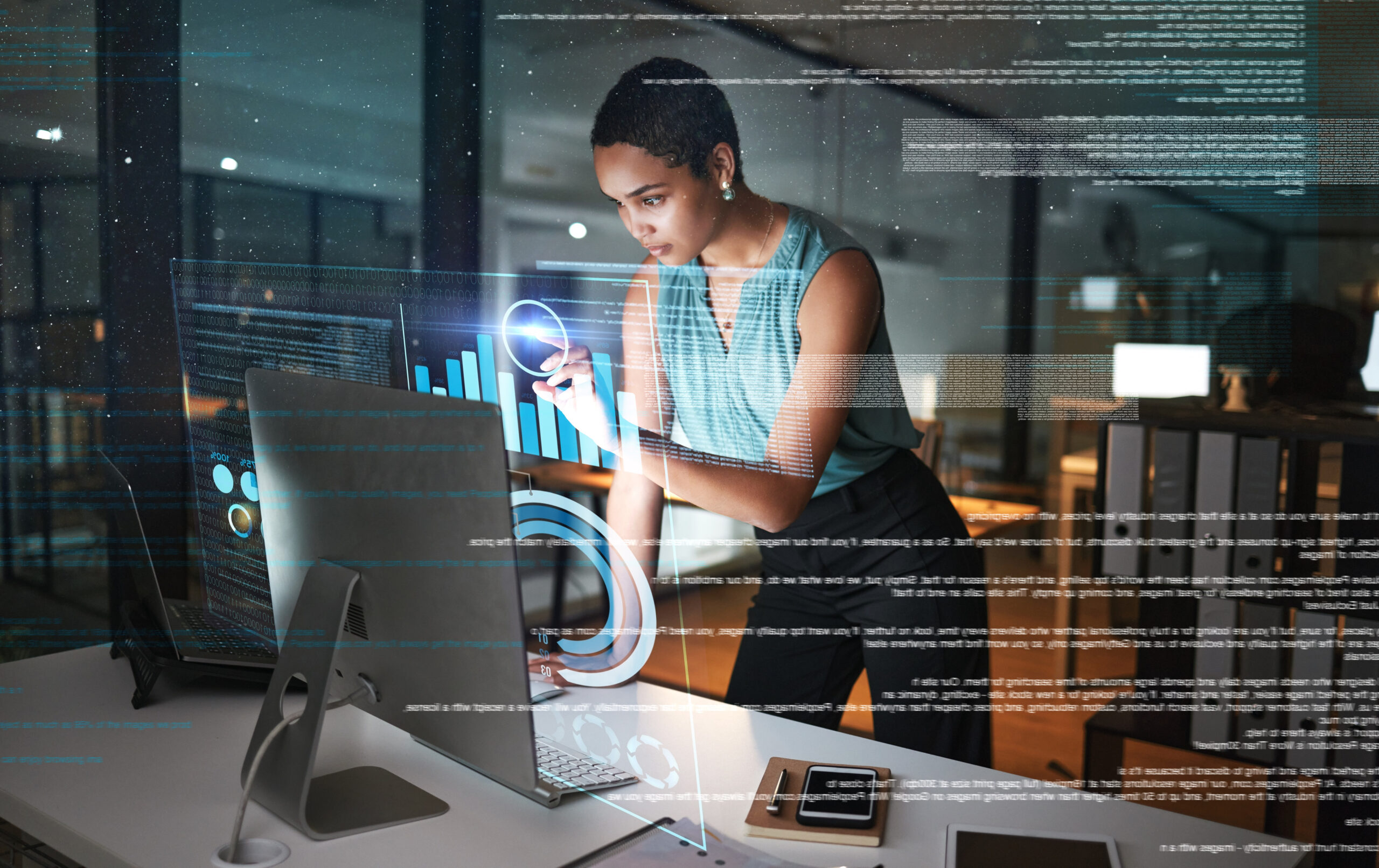 computer-hologram-hud-business-woman-pointing-future-administration-ui-network-research-chart-graph-digital-transformation-dashboard-night-overlay-african-person-work-data-analysis